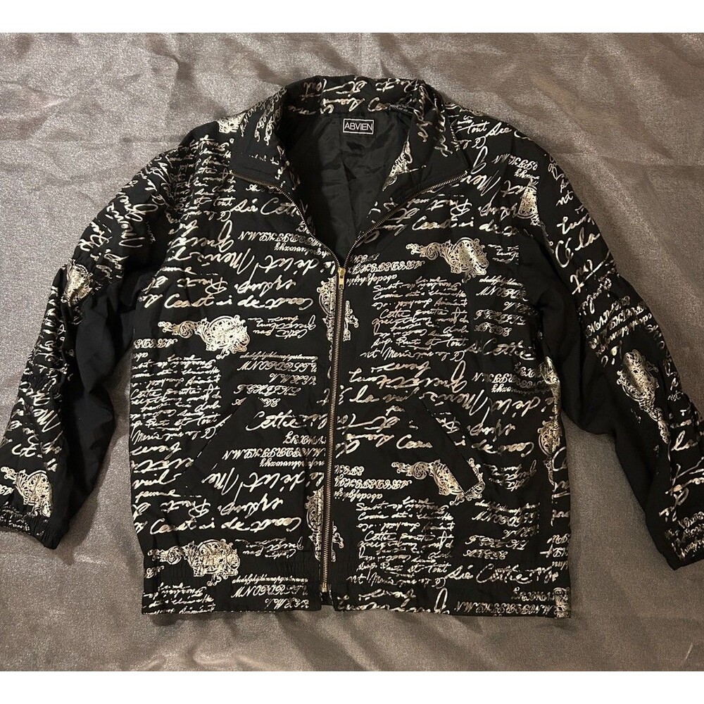 Vintage 90s Abvien Metallic Gold Script Cursive Print Zip Jacket - Women's Large